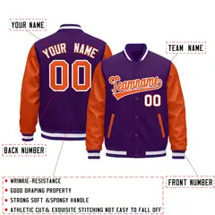 Purple Orange White Varsity Full-Snap Letterman Jacket Raglan Leather Sleeves 2
