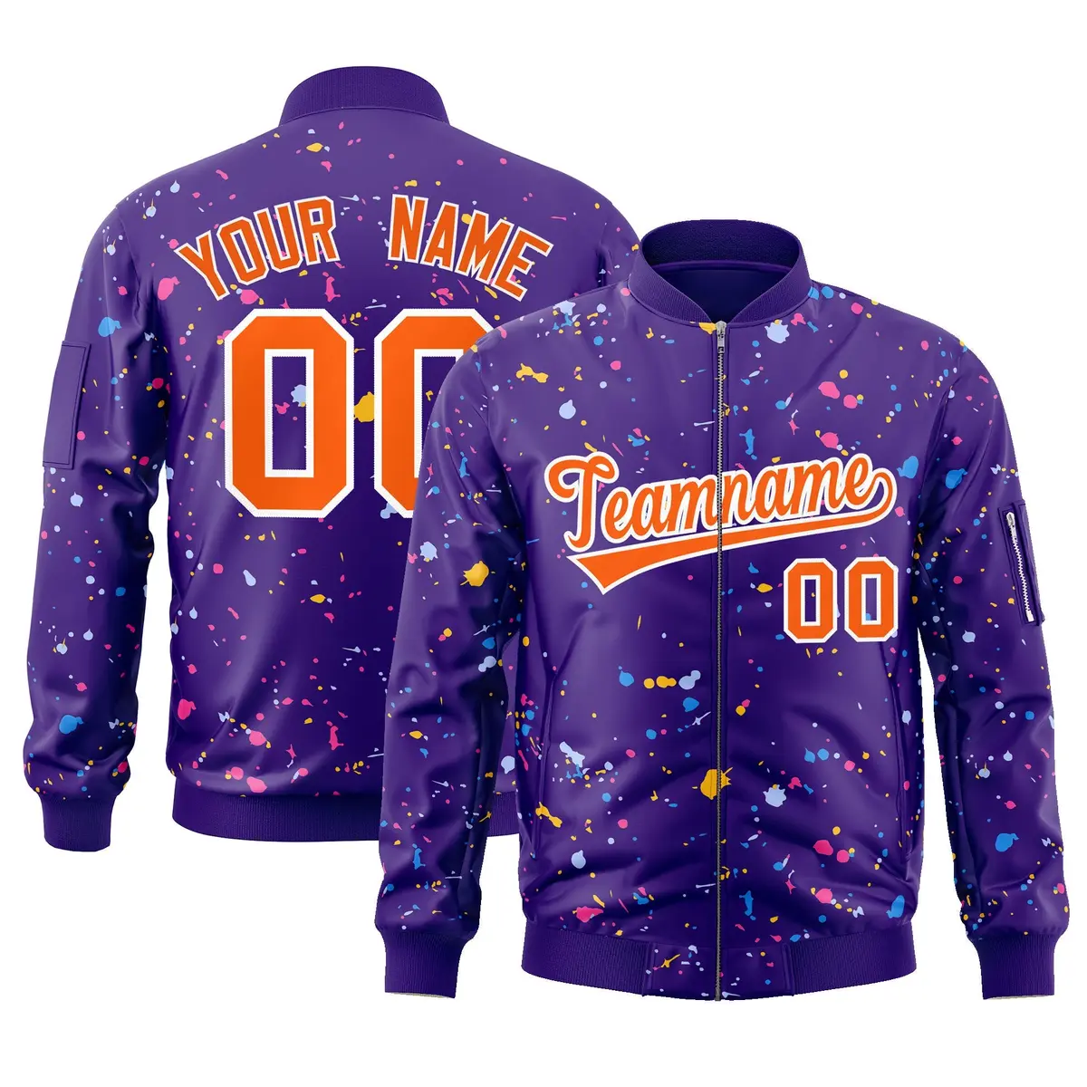 Purple Orange-White Varsity Full-Zip Splash Graffiti Letterman Jacket