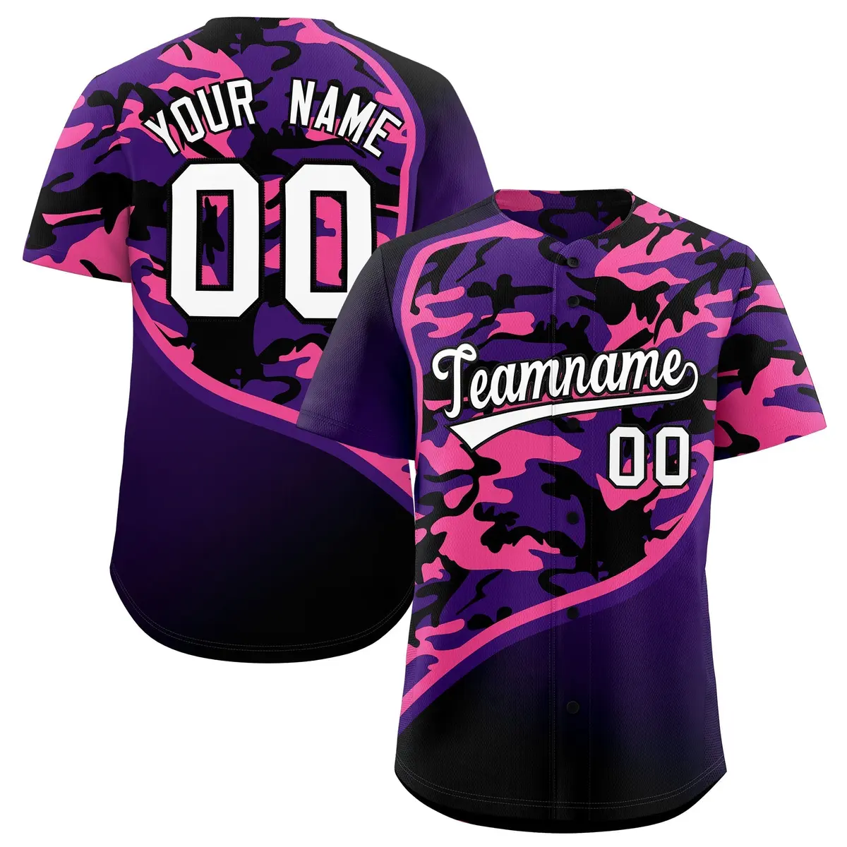 Purple Pink Black Camo Gradient Fashion Baseball Jersey
