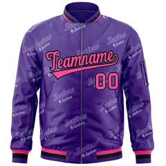 Purple Pink-Black Full-Zip Varsity Letter Bomber Jacket 3