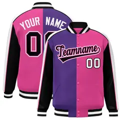 Purple Pink Black-White Color Block Varsity Bomber Baseball Jacket