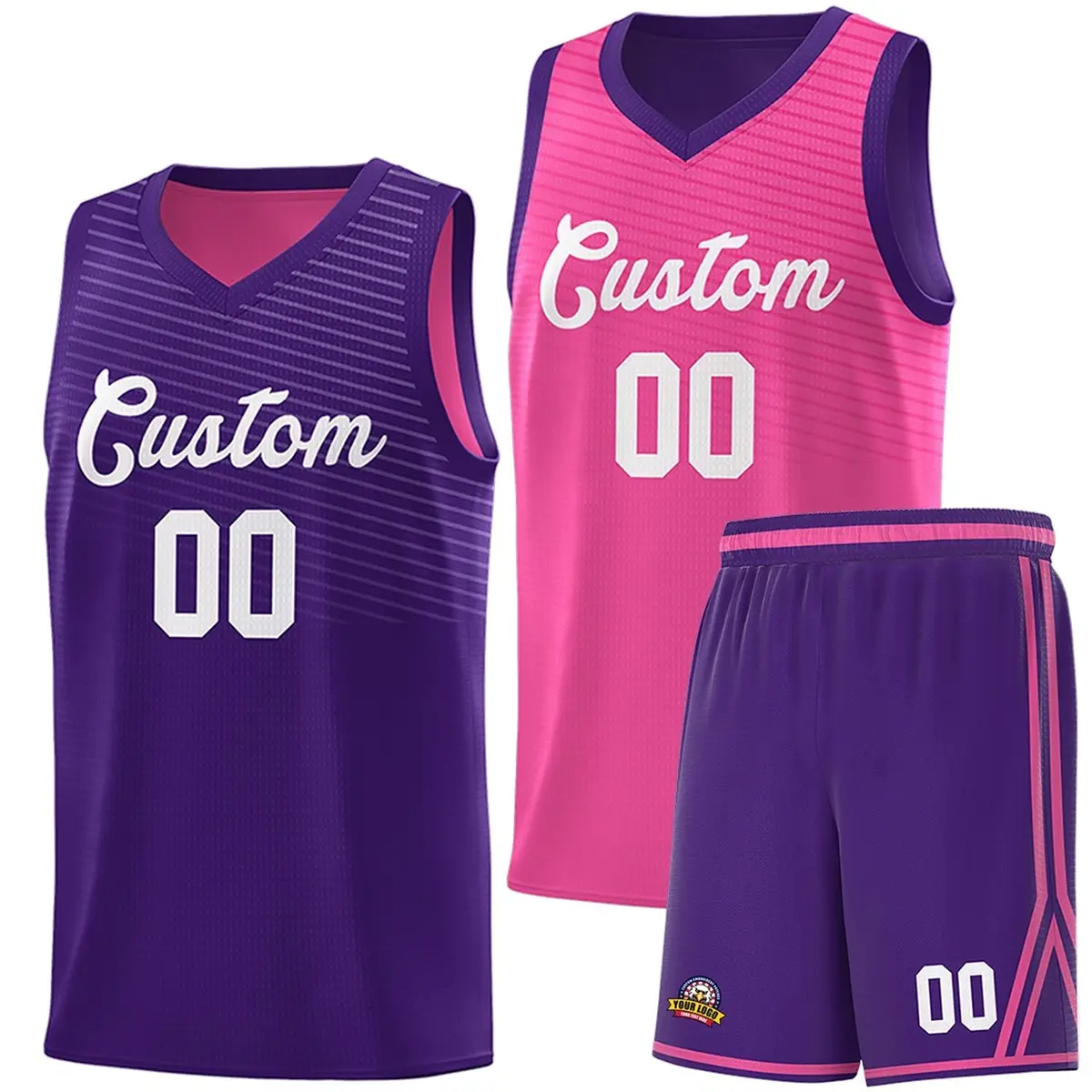Purple Pink Chest Slash Pattern Double Side Basketball Jersey