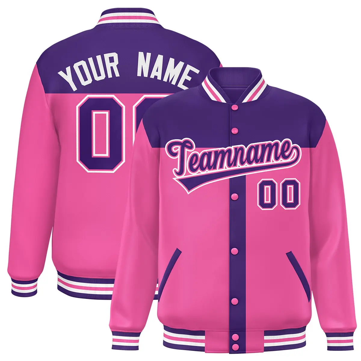 Purple Pink Color Block Varsity Bomber Baseball Jacket
