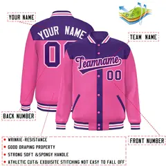 Purple Pink Color Block Varsity Bomber Baseball Jacket 2