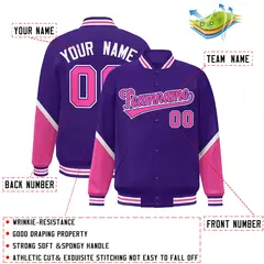 Purple Pink Color Block Varsity Letterman Baseball Jacket 2