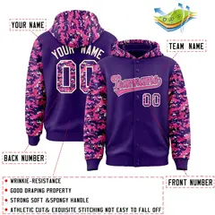 Purple Pink-Cream Raglan Sleeves Camo Varsity Full-Snap Letterman Jacket 4