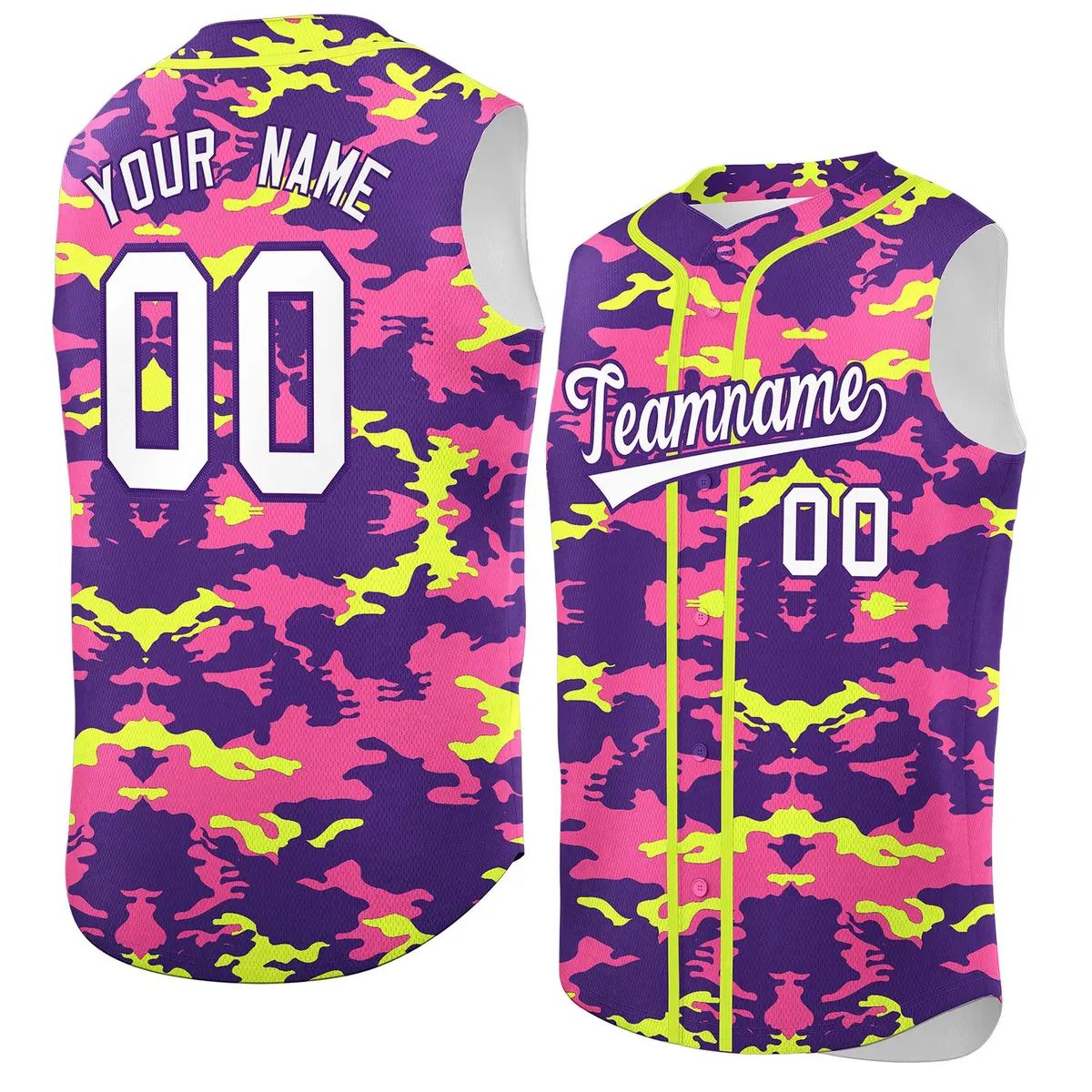 Purple Pink Fluorescent Green Camo Sleeveless Baseball Jersey