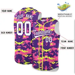 Purple Pink Fluorescent Green Camo Sleeveless Baseball Jersey 2