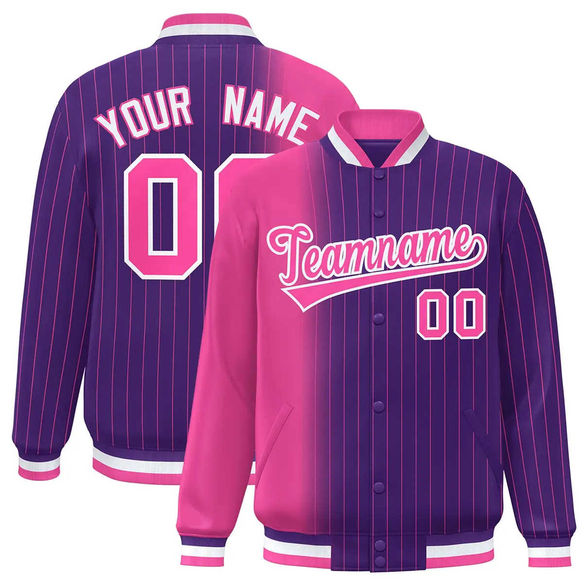 Purple Pink Gradient Pinstripe Varsity Full-Snap Letterman Baseball Jacket