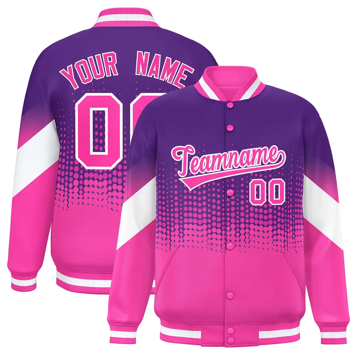 Purple Pink Gradient Varsity Full-Snap Polka Dot Letterman Baseball Jacket