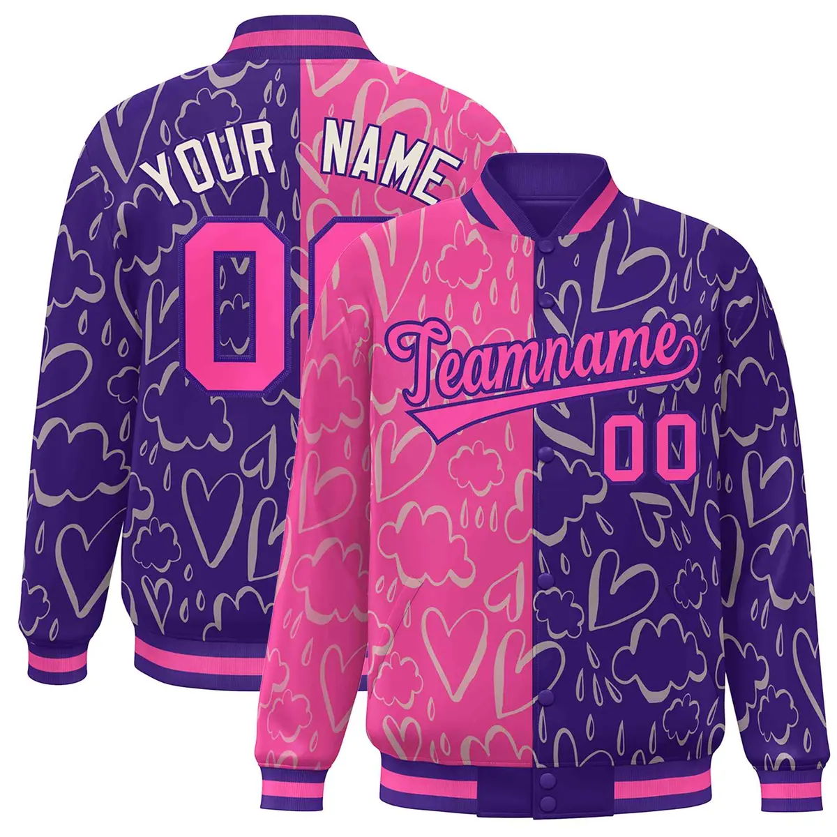 Purple Pink Graffiti Pattern Split Letterman Bomber Baseball Jacket