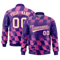 Purple Pink Grid Color Block Letterman Varsity Bomber Jacket