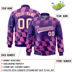 Purple Pink Grid Color Block Letterman Varsity Bomber Jacket 2