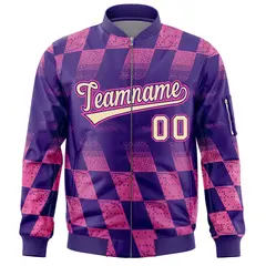 Purple Pink Grid Color Block Letterman Varsity Bomber Jacket 3