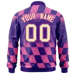 Purple Pink Grid Color Block Letterman Varsity Bomber Jacket 4
