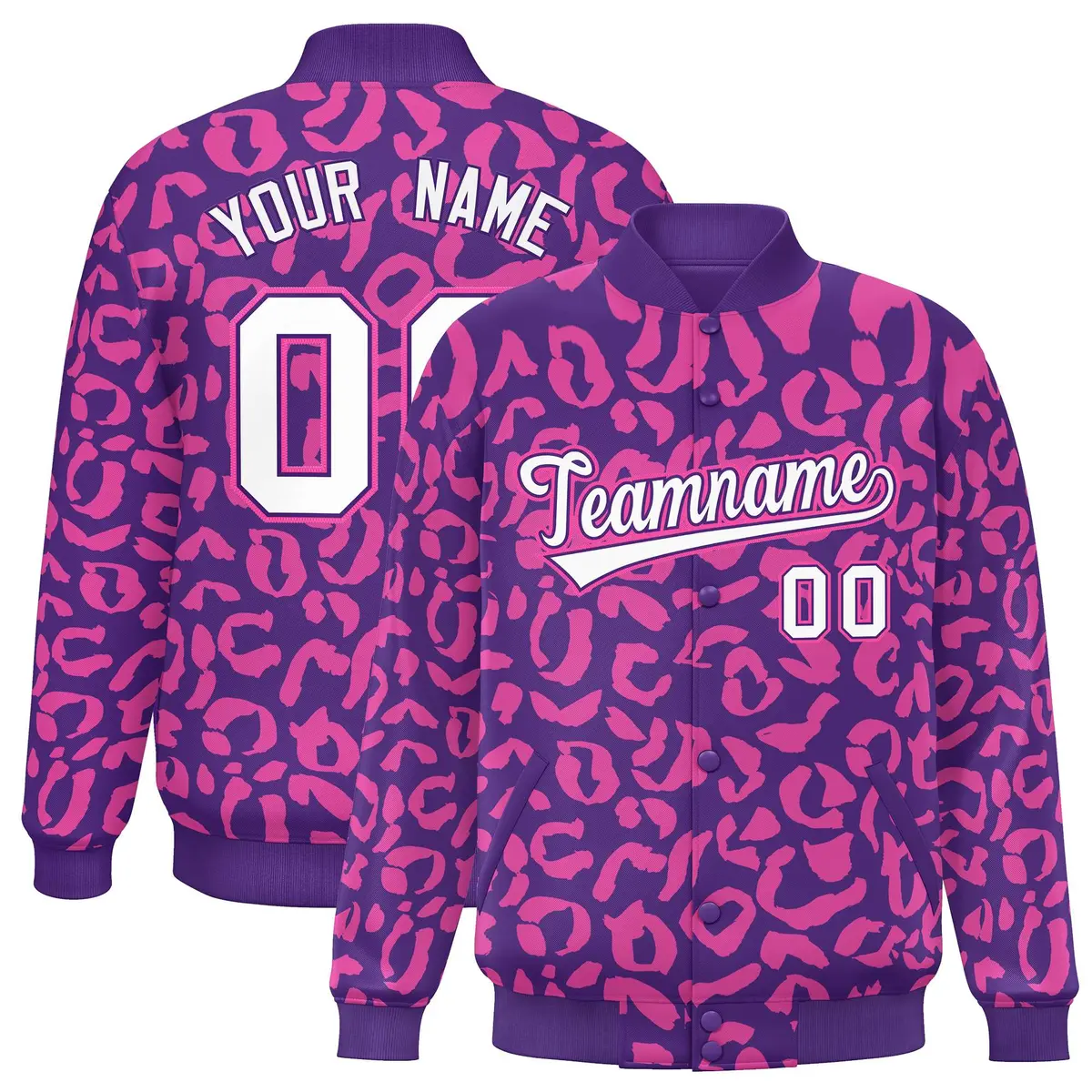 Purple Pink Leopard Graffiti Varsity Full-Snap Letterman Baseball Jacket