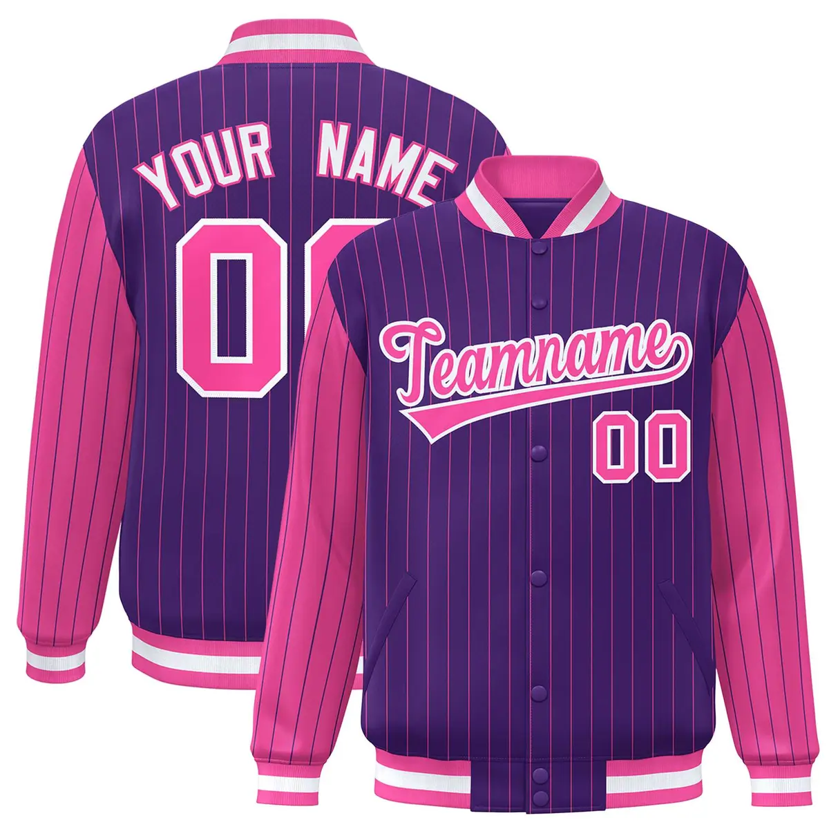 Purple Pink Pinstripe Raglan Full-Snap Letterman Baseball Jacket