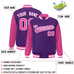 Purple Pink Pinstripe Raglan Full-Snap Letterman Baseball Jacket 2