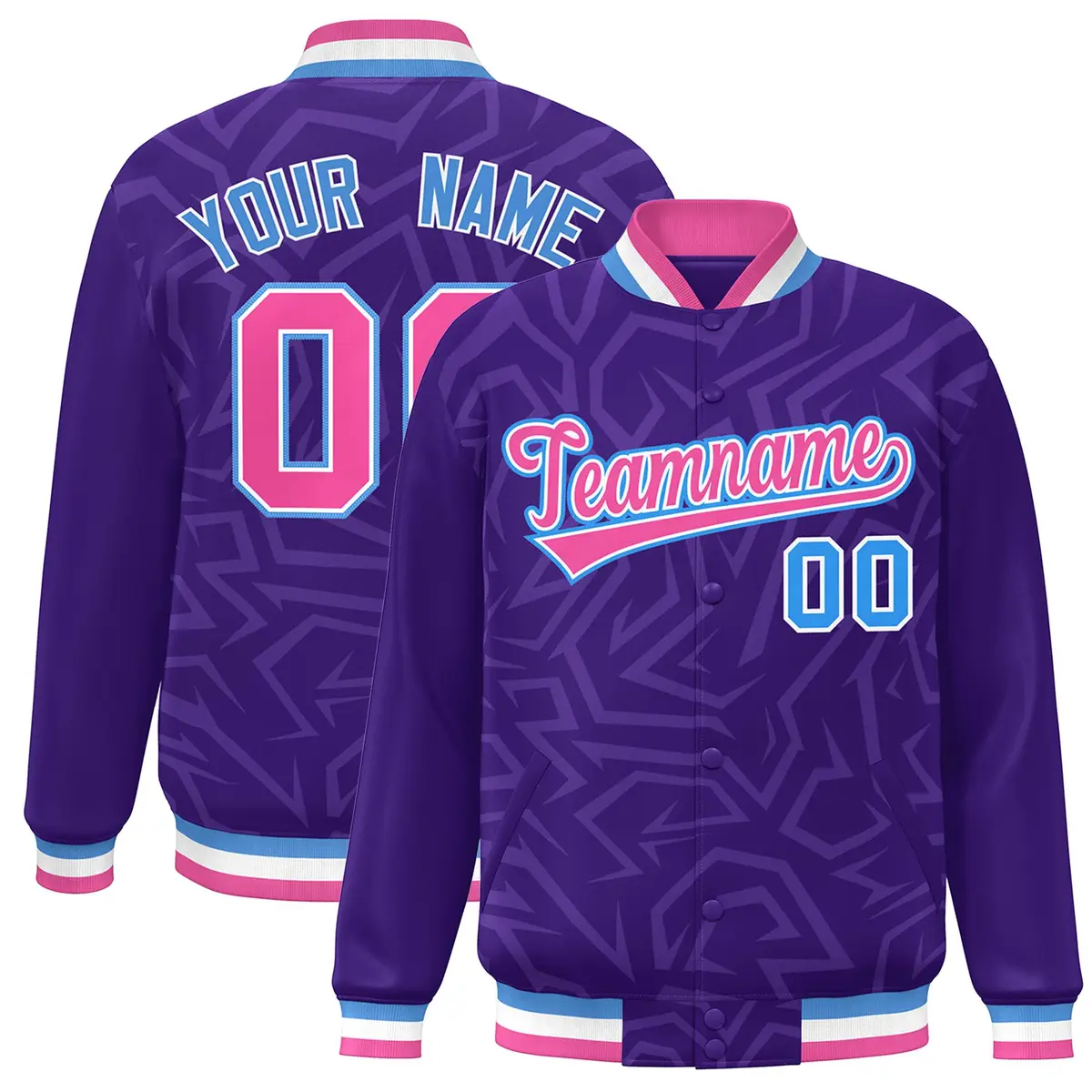 Purple Pink-Powder Blue Stripe Graffiti Pattern Varsity Full-Snap Jacket