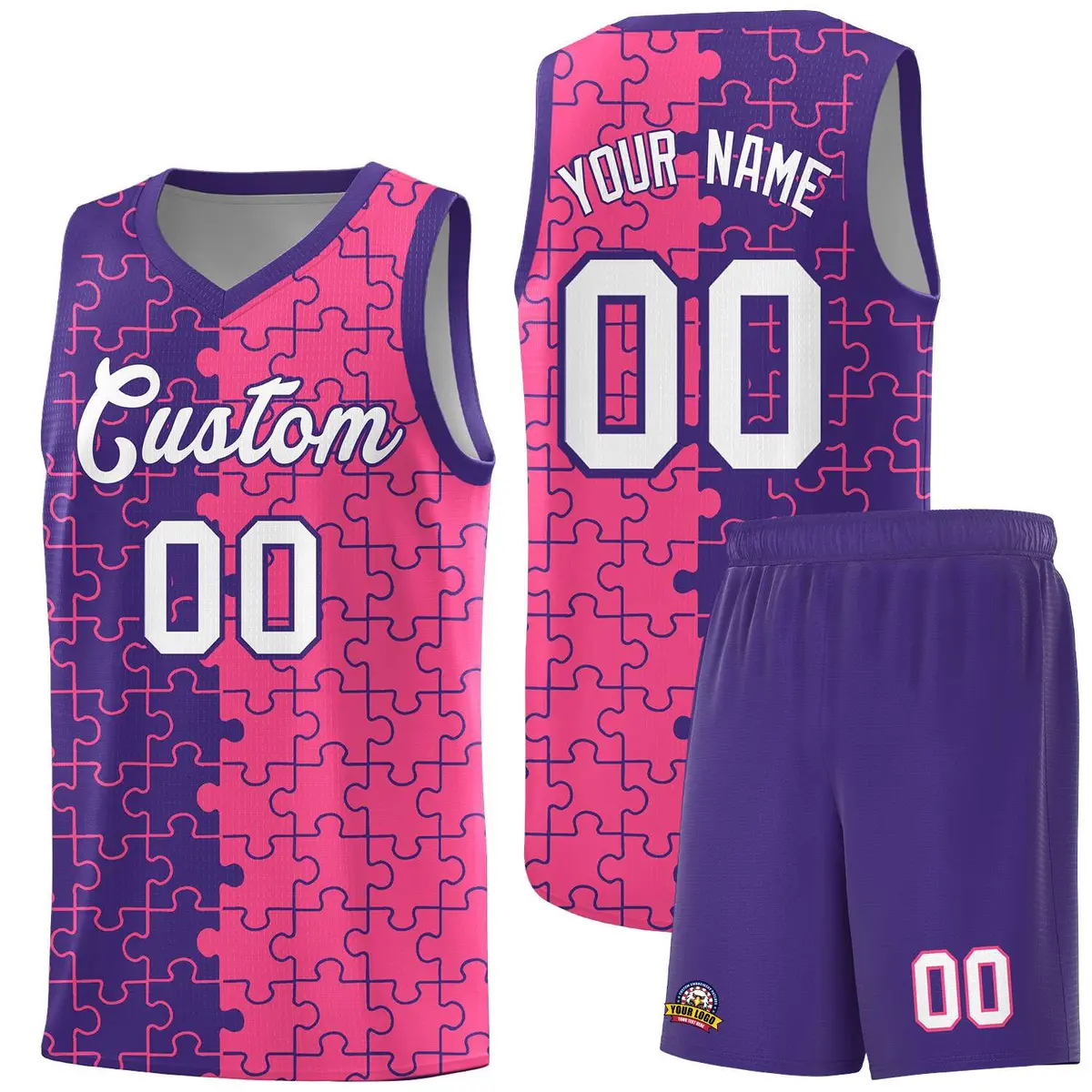 Purple Pink Puzzle Pattern Splid Basketball Kits
