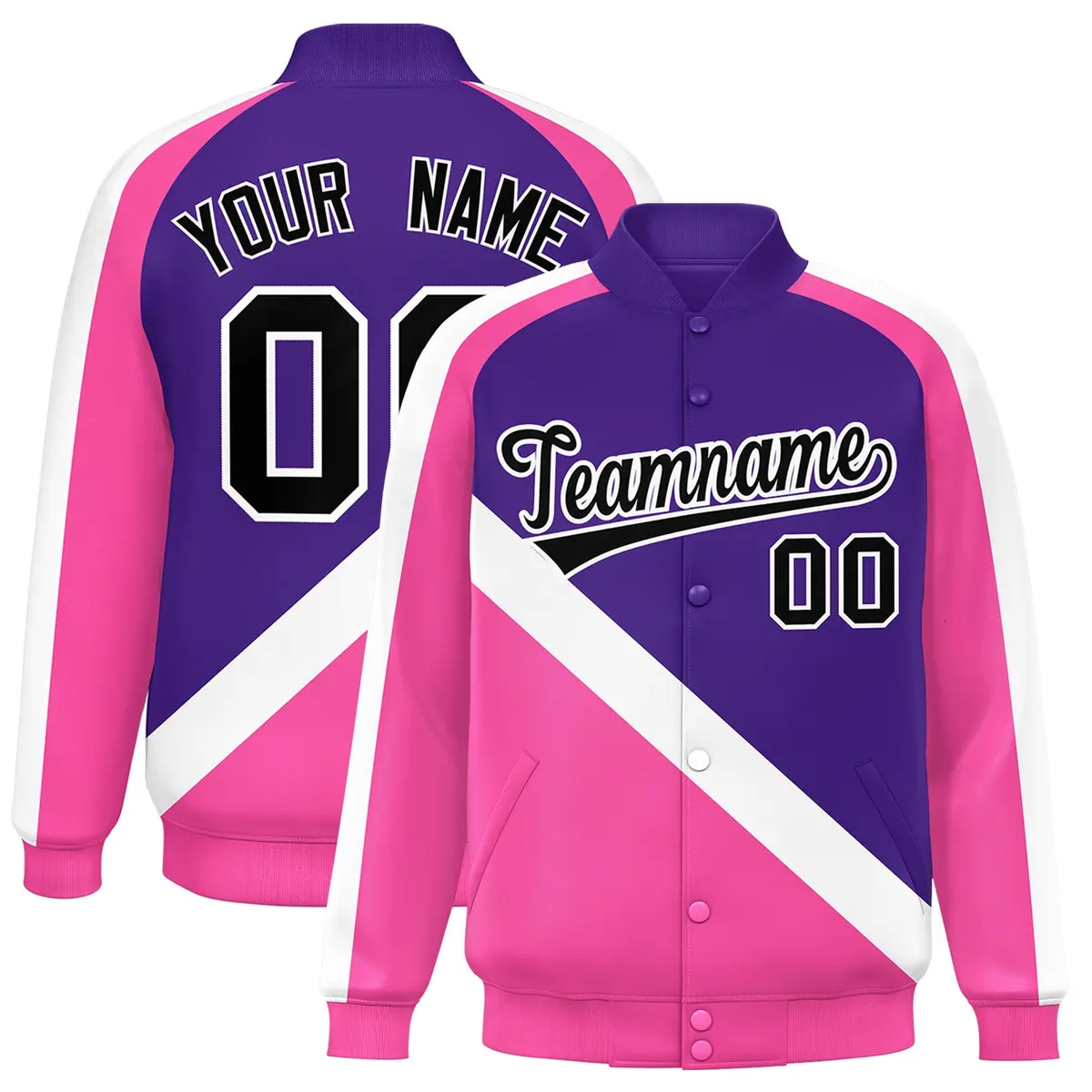 Purple Pink Raglan Full-Snap Letterman Baseball Jacket