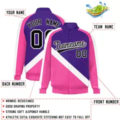 Purple Pink Raglan Full-Snap Letterman Baseball Jacket 2