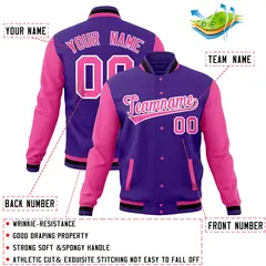 Purple Pink Raglan Full-Snap Varsity Letterman Baseball Jacket 4