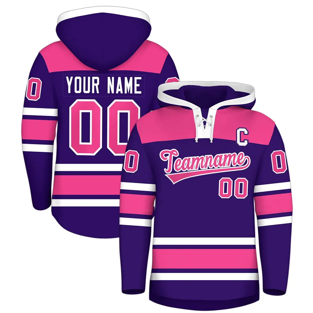 Purple Pink Raglan Lace-Up Neck Hockey Hoodie Jersey