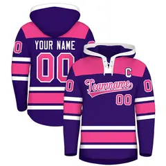 Purple Pink Raglan Lace-Up Neck Hockey Hoodie Jersey 1