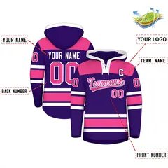 Purple Pink Raglan Lace-Up Neck Hockey Hoodie Jersey 2