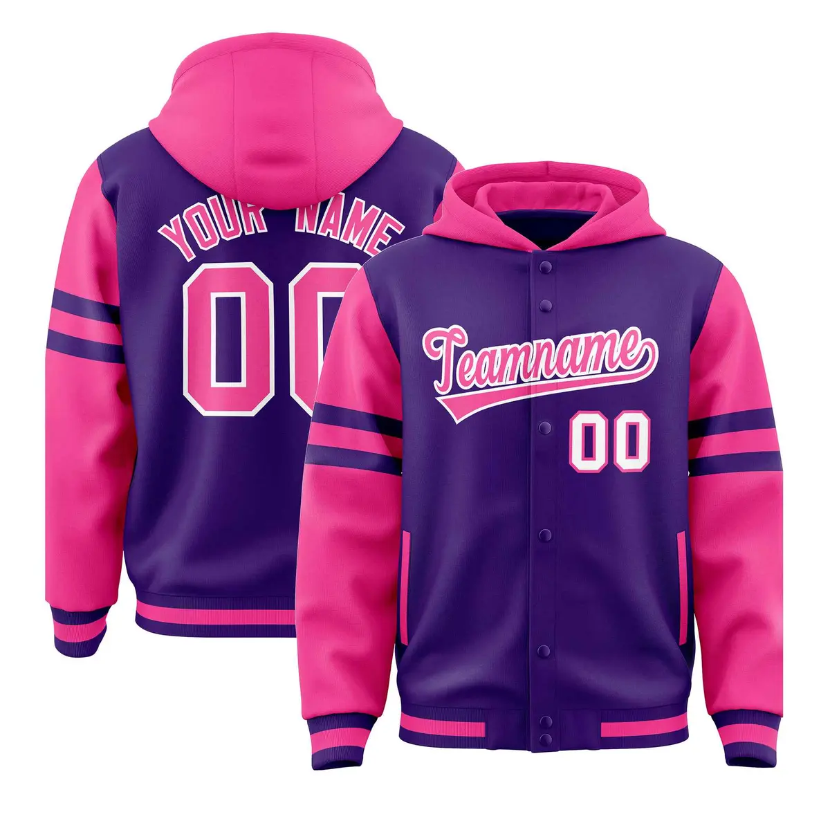 Purple Pink Raglan Three Stripes Varsity Full-Snap Letterman Jacket Hoodie