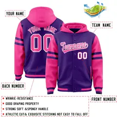 Purple Pink Raglan Three Stripes Varsity Full-Snap Letterman Jacket Hoodie 4