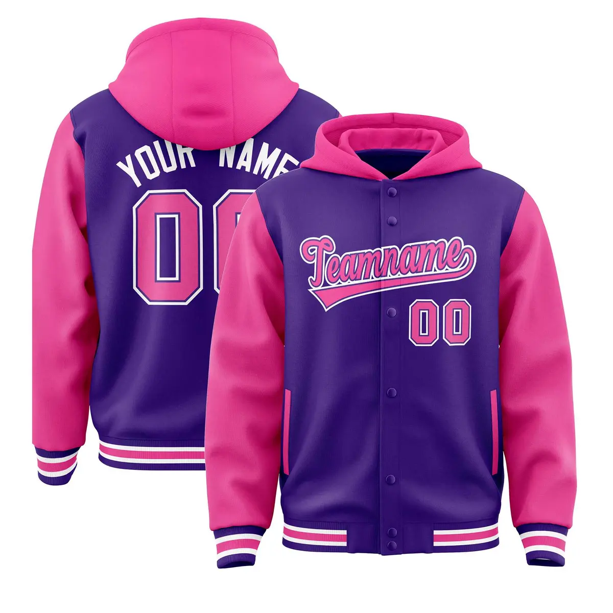 Purple Pink Raglan Varsity Full-Snap Letterman Two Tone Jacket Hoodie