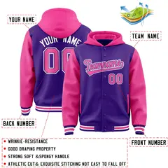 Purple Pink Raglan Varsity Full-Snap Letterman Two Tone Jacket Hoodie 4
