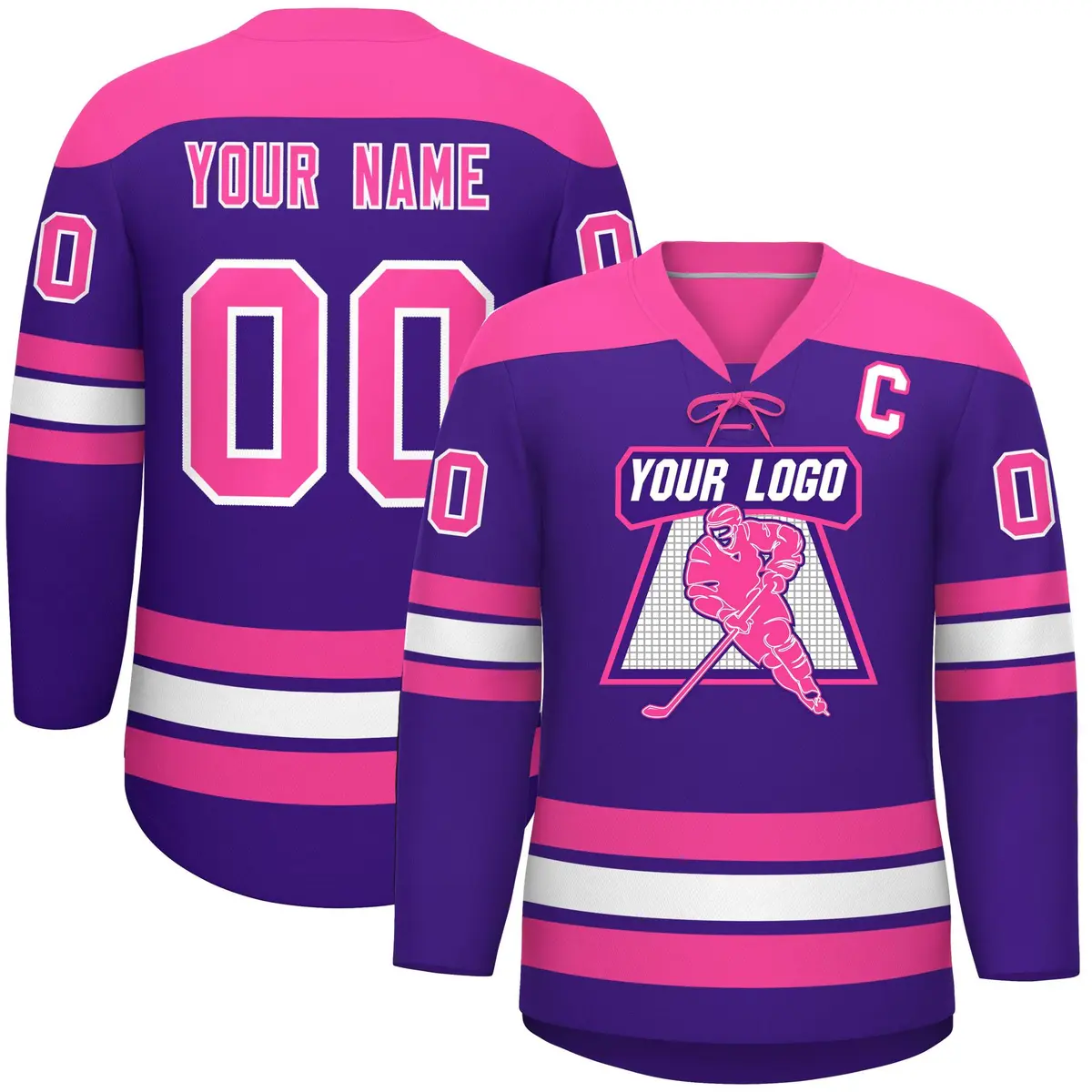 Purple Pink White Classic Lace-Up Neck Hockey Jersey