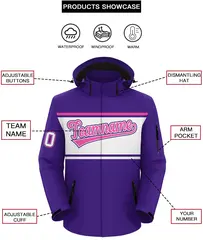 Purple Pink-White Color Block Hooded Waterproof Jacket 2