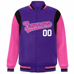 Purple Pink-White Color Block Varsity Baseball Jacket 3
