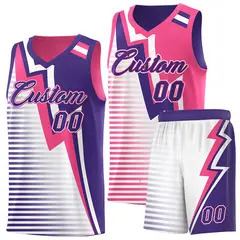 Purple Pink White Gradient Lightning Stripe Reversible Basketball Jersey Sets