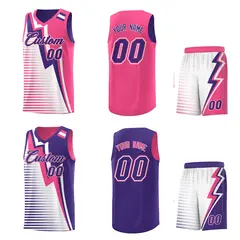 Purple Pink White Gradient Lightning Stripe Reversible Basketball Jersey Sets 2