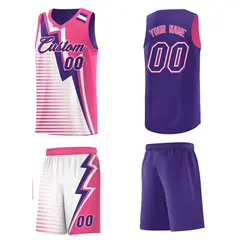 Purple Pink White Gradient Lightning Stripe Reversible Basketball Jersey Sets 5