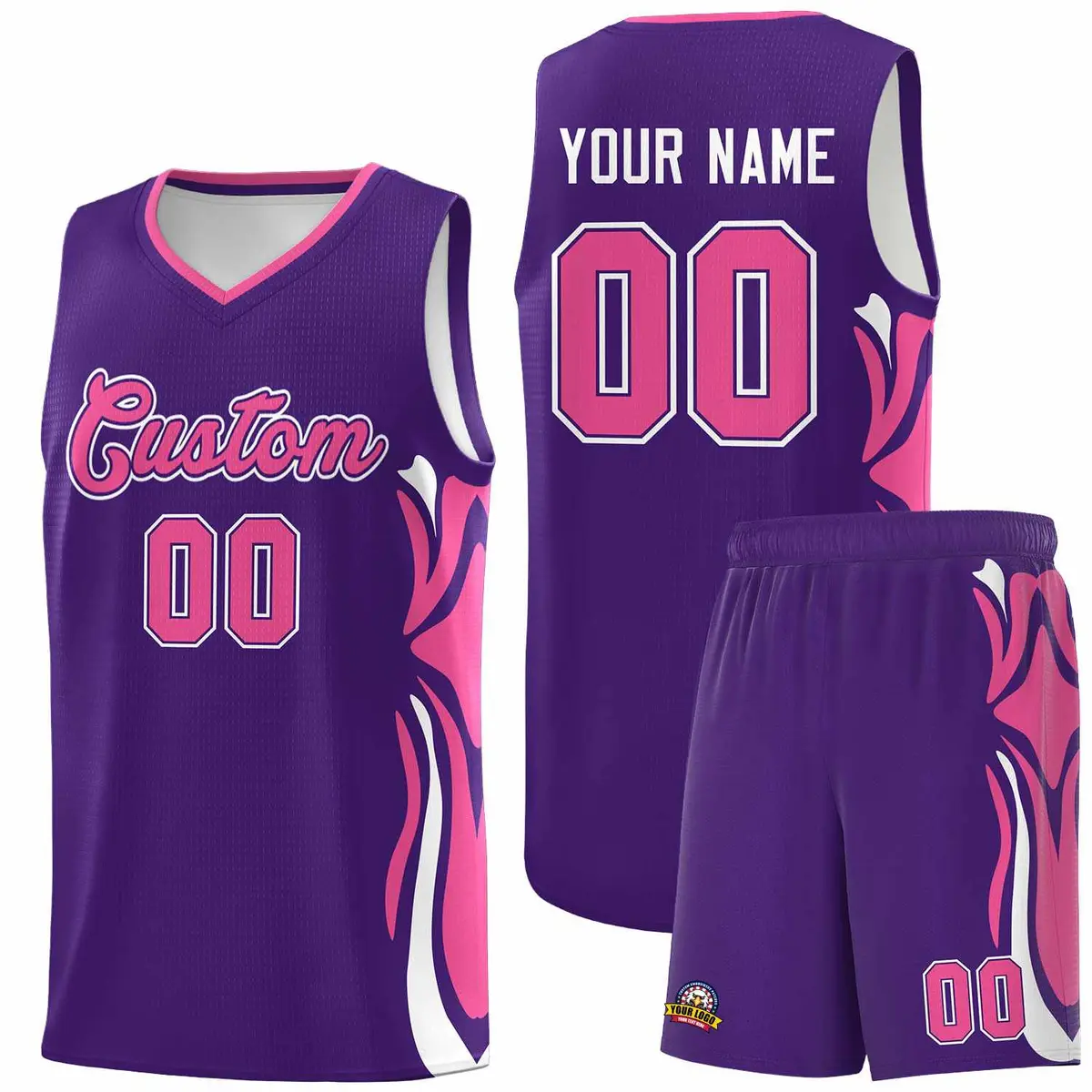 Purple Pink-White Graffiti Side Curve Basketball Jersey Sets