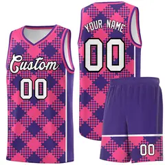 Purple Pink-White Grid Basketball Kits For Team