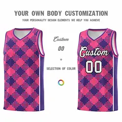 Purple Pink-White Grid Basketball Kits For Team 3