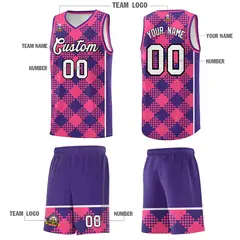 Purple Pink-White Grid Basketball Kits For Team 5