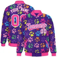 Purple Pink-White Paw Prints Graffiti Varsity Letterman Baseball Jacket