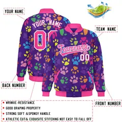 Purple Pink-White Paw Prints Graffiti Varsity Letterman Baseball Jacket 2