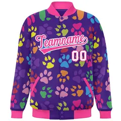Purple Pink-White Paw Prints Graffiti Varsity Letterman Baseball Jacket 3