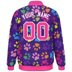 Purple Pink-White Paw Prints Graffiti Varsity Letterman Baseball Jacket 4