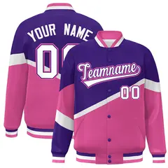 Purple Pink White-Purple Color Block Varsity Baseball Jacket 1