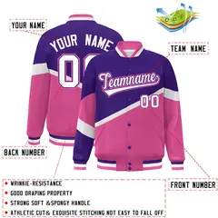 Purple Pink White-Purple Color Block Varsity Baseball Jacket 2